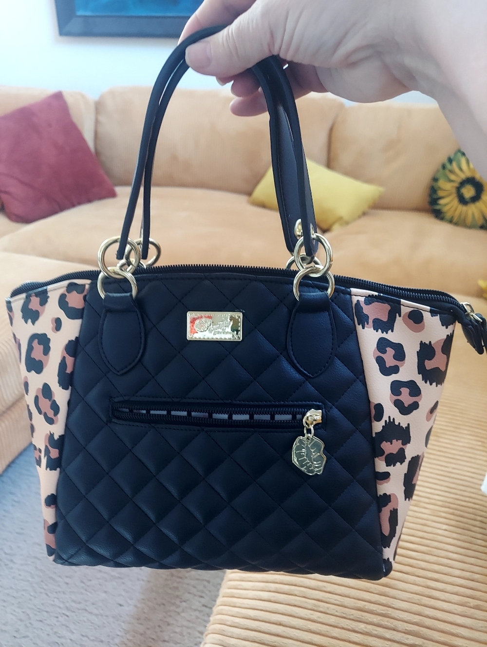 Luv Betsy Quilted Black Tote with Leopard Print Side Panels